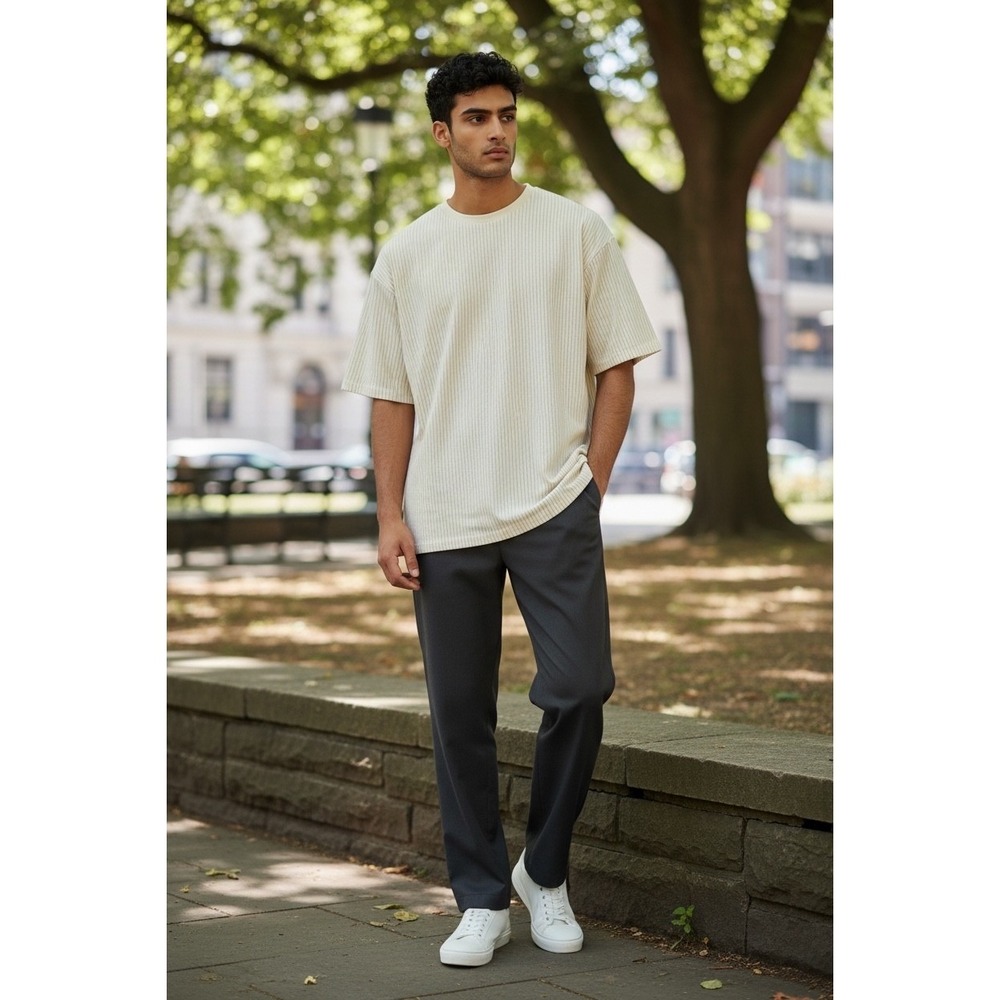 Tasso Elba Mens XXL Cream Textured Vertical Ribbed 100% Cotton Short Sleeve Tee